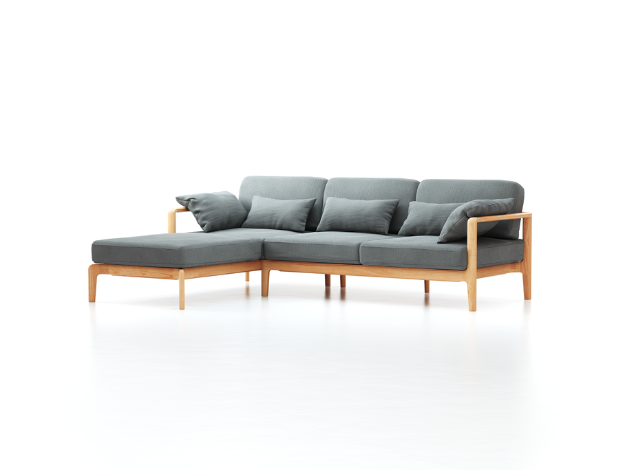 Loungesofa Linera, schmal mit Liegeteil links, Wollstoff Elverum Mocca (73), Buche