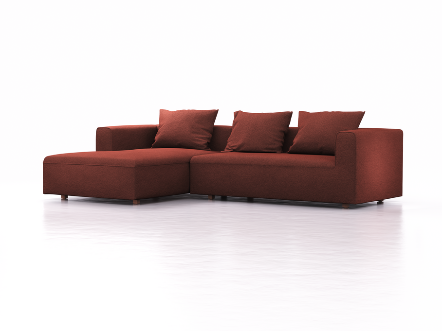 Lounge-Sofa Sereno, bodennah, B297xT180xH71 cm, Sitzhöhe 43 cm, mit Liegeteil links inkl. 3 Kissen (70x55 cm), Buche, Wollstoff Kaland Ziegel