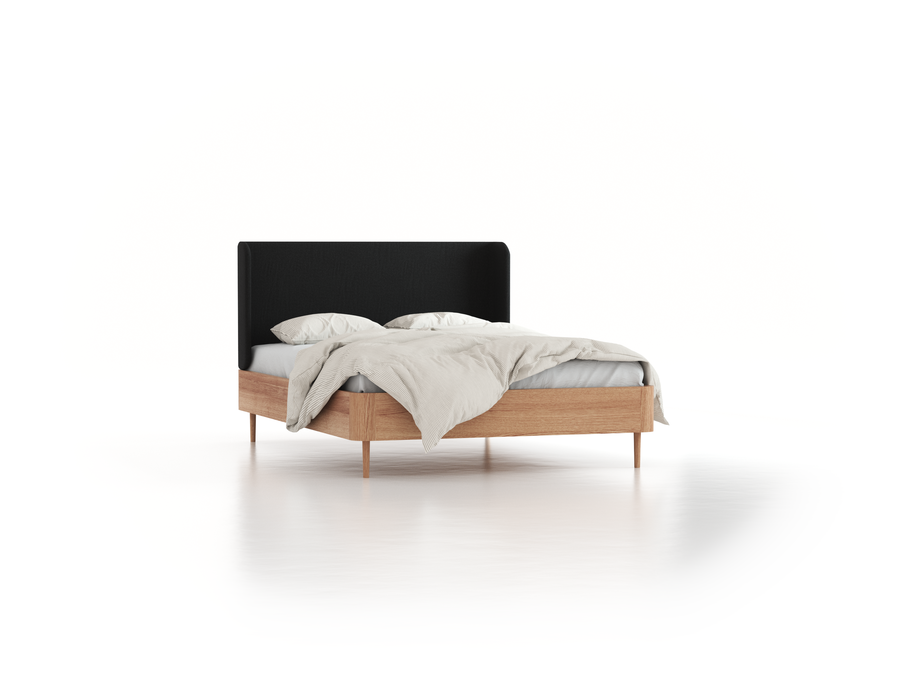 Bett Tonda mit Polsterbetthaupt, 140 x 200 cm, Wollstoff Stavang Schiefer (60), Eiche