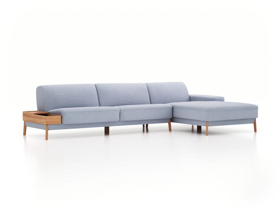 Lounge-Sofa Alani, B 340 x T 179 cm, Liegeteil rechts, Sitzhöhe in cm 44, mit Bezug Wollstoff Elverum Blaugrau (83), Eiche