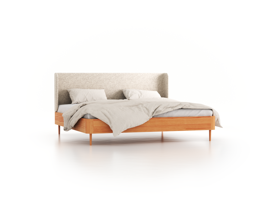 Bett Tonda mit Polsterbetthaupt, 200 x 200 cm, Wollstoff Tano Natur Hell (80), Buche