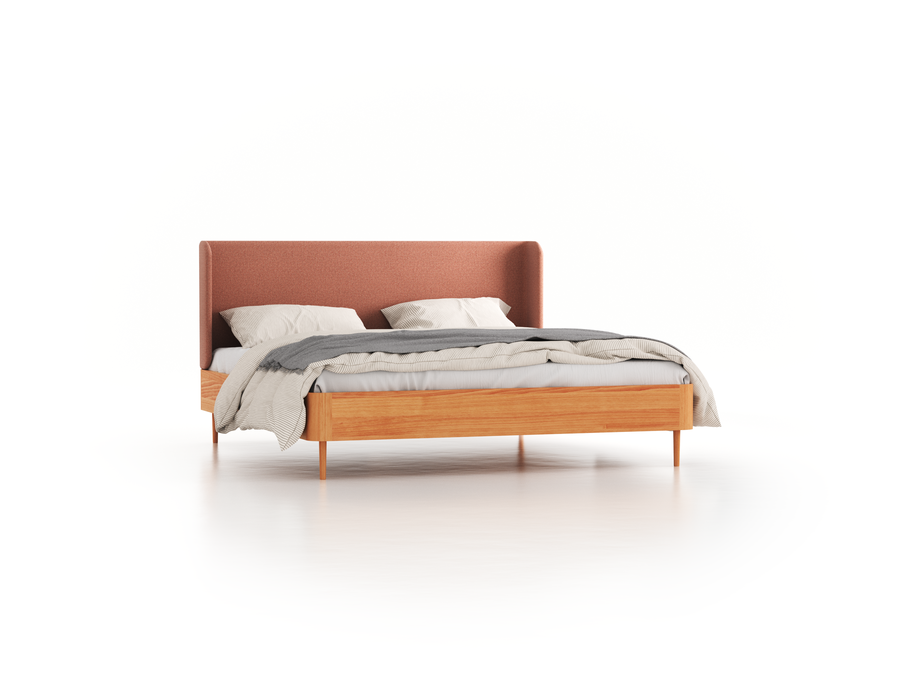 Bett Tonda mit Polsterbetthaupt, 180 x 200 cm, Wollstoff Elverum Ziegel (85), Buche