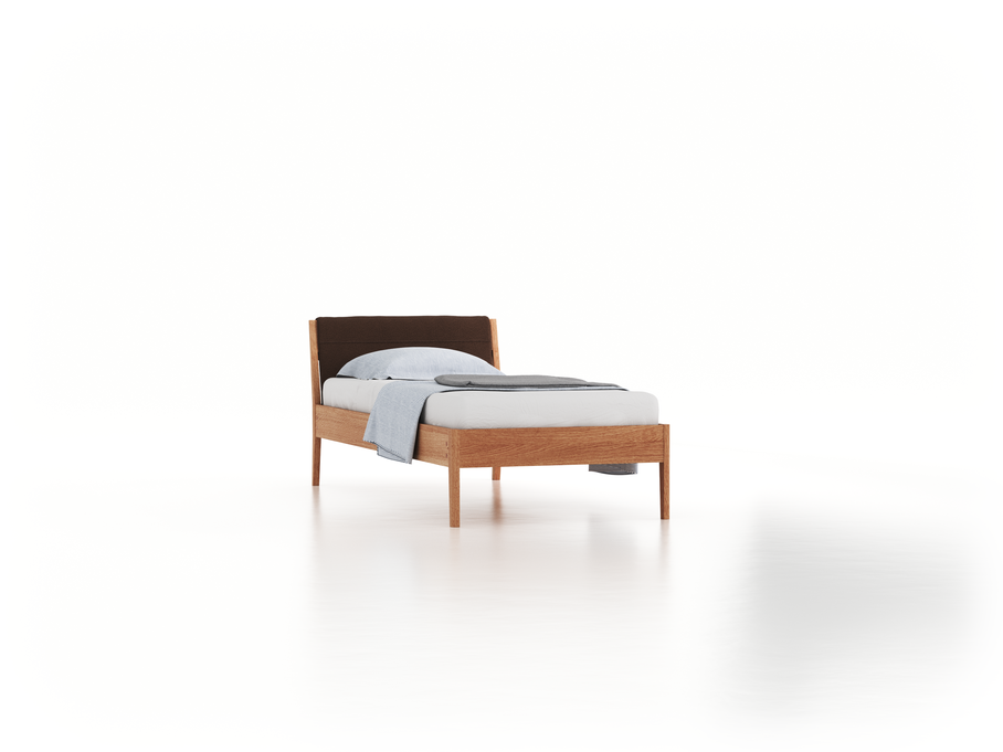 Bett Almeno mit Kopfhaupt inkl. wechselbarer Housse, 90 x 200 cm, Wollstoff Kaland Torf (70), Zirbe
