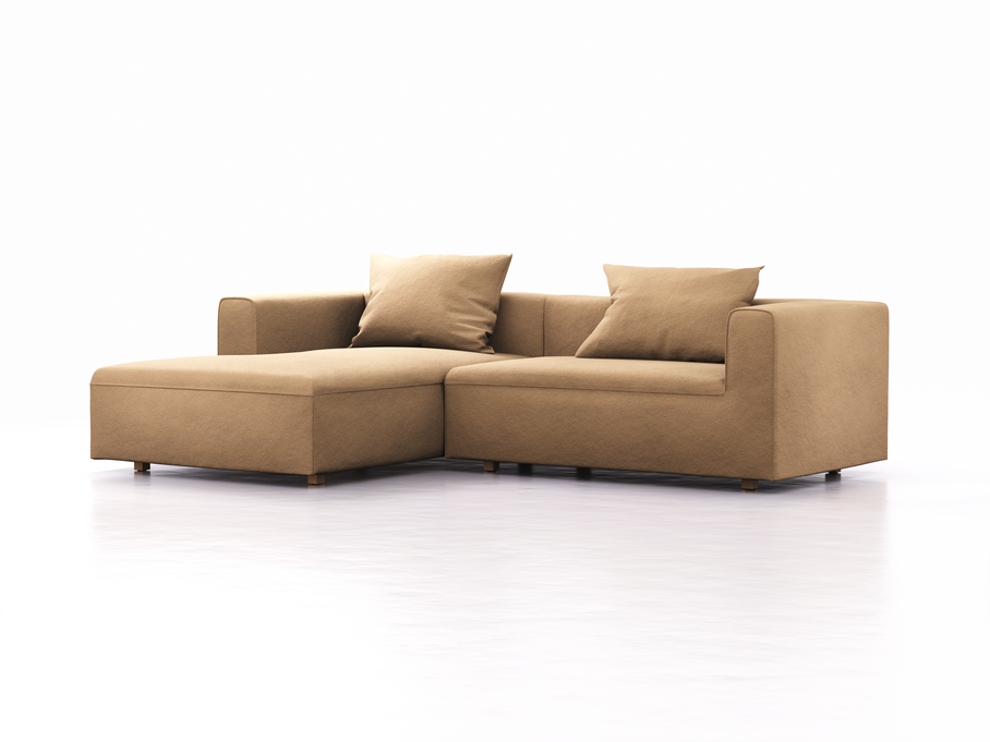 Lounge-Sofa Sereno, bodennah, B267xT180xH71 cm, Sitzhöhe 43 cm, mit Liegeteil links inkl. 2 Kissen (70x55 cm), Eiche, Wollstoff Elverum Haselnuss