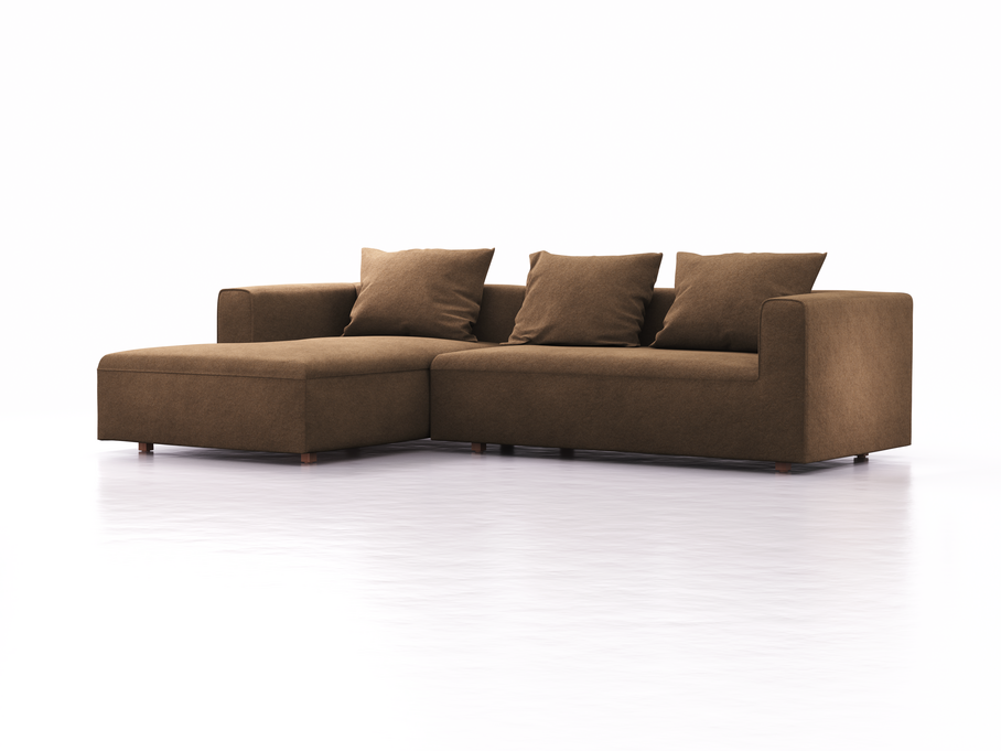 Lounge-Sofa Sereno, bodennah, B297xT180xH71 cm, Sitzhöhe 43 cm, mit Liegeteil links inkl. 3 Kissen (70x55 cm), Buche, Wollstoff Stavang Haselnuss