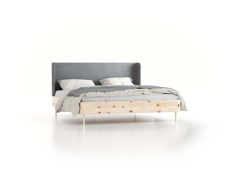 Bett Tonda mit Polsterbetthaupt, 180 x 200 cm, Wollstoff Stavang Kiesel (62), Zirbe