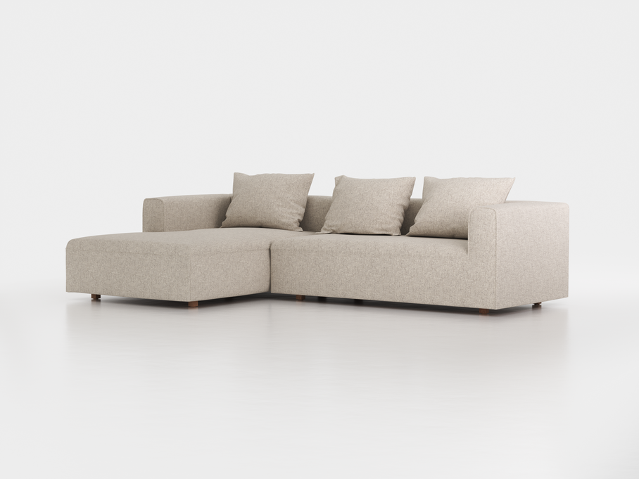 Lounge-Sofa Sereno inkl. 3 Kissen (70x55 cm), B 297 x T 180 cm, Liegeteil links, Bodennah, mit Bezug Wollstoff Tano Natur Hell (80), Eiche