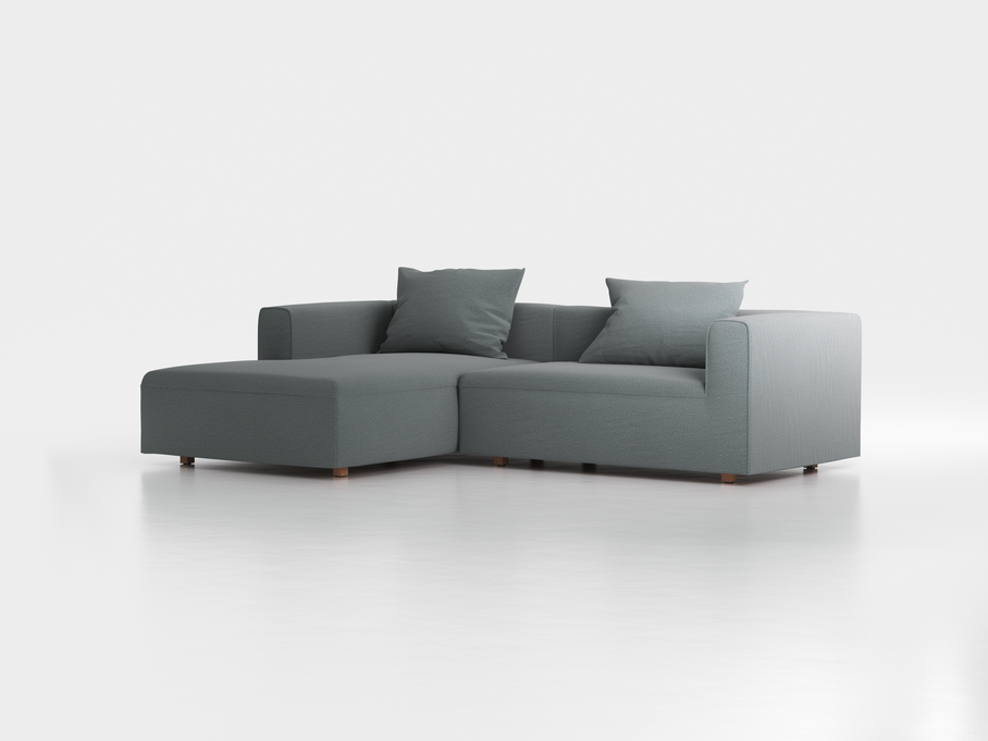 Lounge-Sofa Sereno  inkl. 2 Kissen (70x55 cm), B 267 x T 180 cm, Liegeteil links, Bodennah, mit Bezug Wollstoff Elverum Grüngrau (84), Eiche
