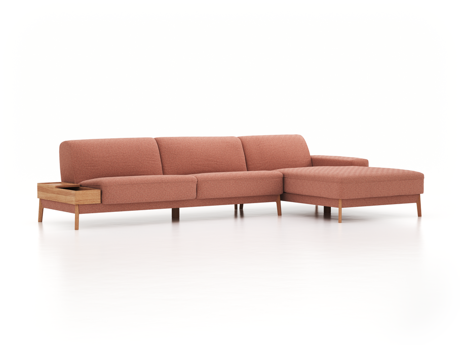 Lounge-Sofa Alani, B 340 x T 179 cm, Liegeteil rechts, Sitzhöhe in cm 44, mit Bezug Wollstoff Elverum Ziegel (85), Eiche
