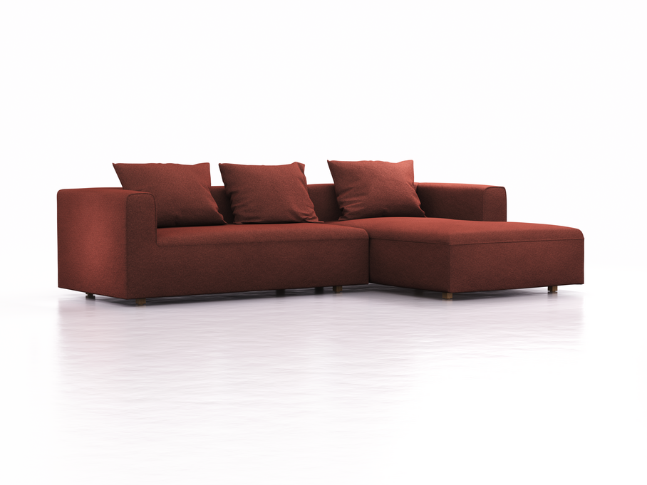 Lounge-Sofa Sereno, bodennah, B297xT180xH71 cm, Sitzhöhe 43 cm, mit Liegeteil rechts inkl. 3 Kissen (70x55 cm), Eiche, Wollstoff Kaland Ziegel