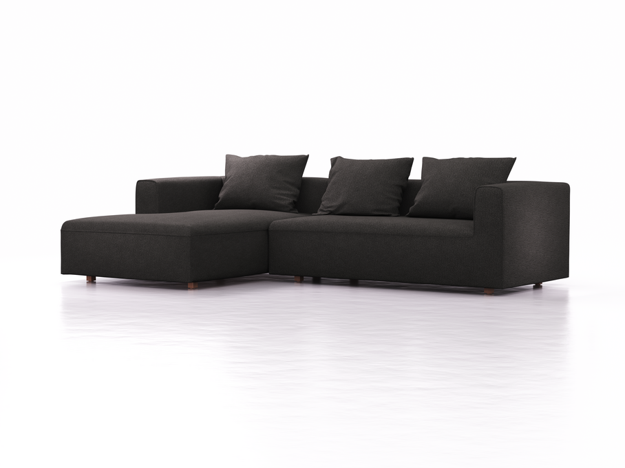 Lounge-Sofa Sereno, bodennah, B297xT180xH71 cm, Sitzhöhe 43 cm, mit Liegeteil links inkl. 3 Kissen (70x55 cm), Buche, Wollstoff Stavang Schiefer