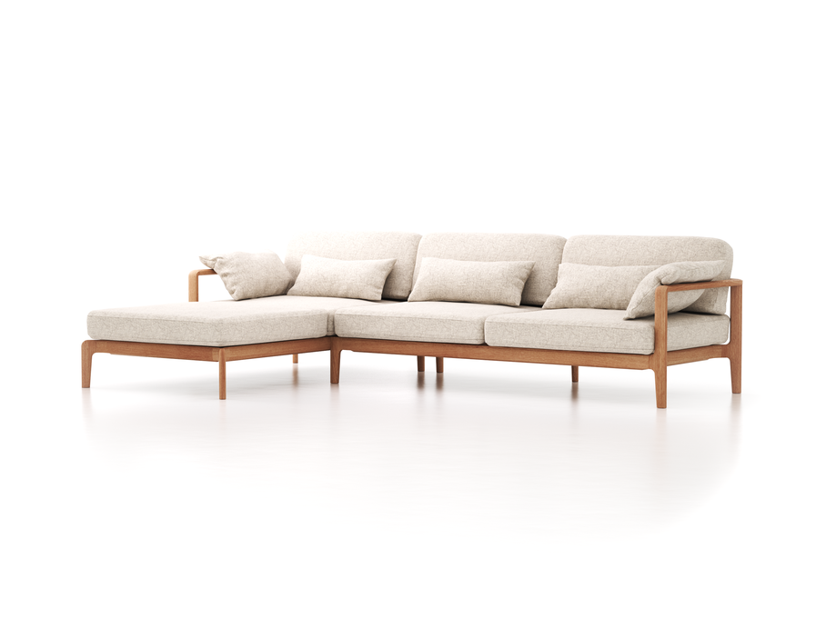 Loungesofa Linera, breit mit Liegeteil links, Wollstoff Tano Natur Hell (80), Eiche