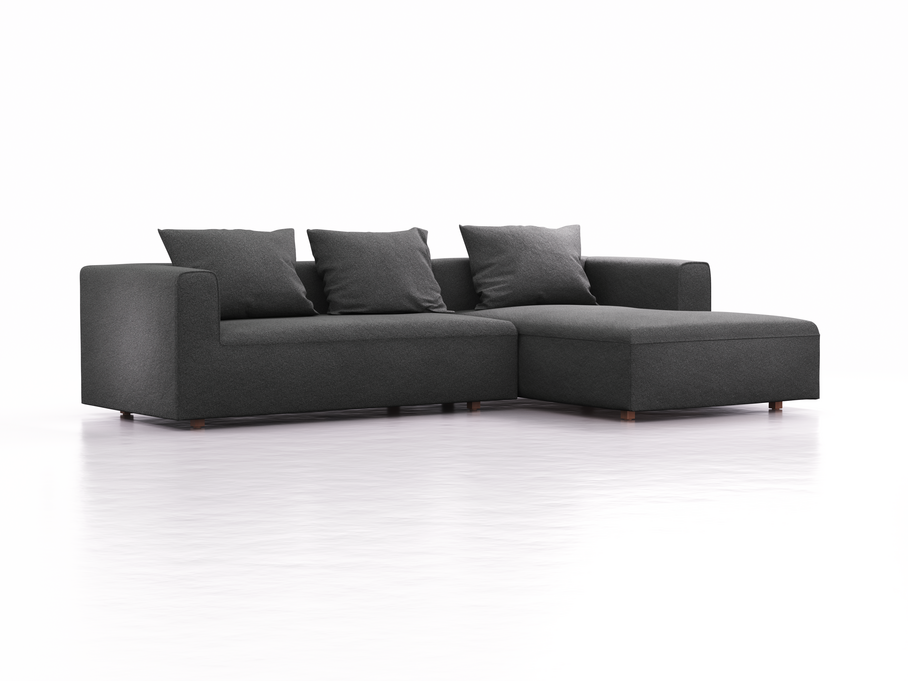 Lounge-Sofa Sereno, bodennah, B297xT180xH71 cm, Sitzhöhe 43 cm, mit Liegeteil rechts inkl. 3 Kissen (70x55 cm), Buche, Wollstoff Kaland Schiefer