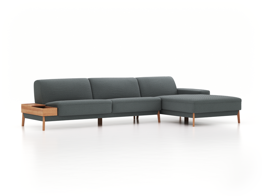 Lounge-Sofa Alani, B 340 x T 179 cm, Liegeteil rechts, Sitzhöhe in cm 44, mit Bezug Wollstoff Elverum Grüngrau (84), Eiche