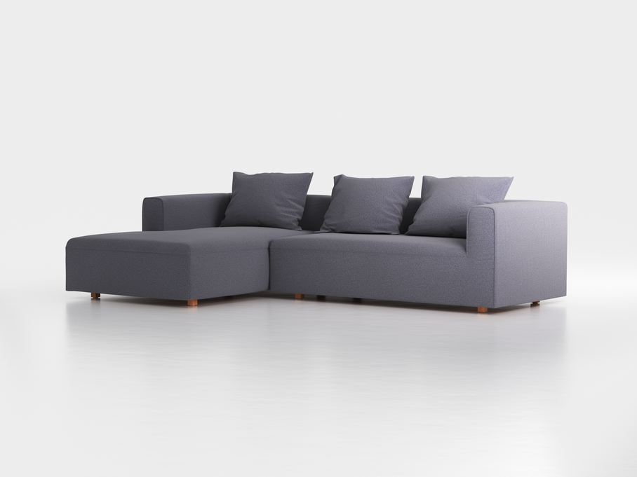 Lounge-Sofa Sereno inkl. 3 Kissen (70x55 cm), B 297 x T 180 cm, Liegeteil links, Bodennah, mit Bezug Wollstoff Elverum Torfblau (82), Buche