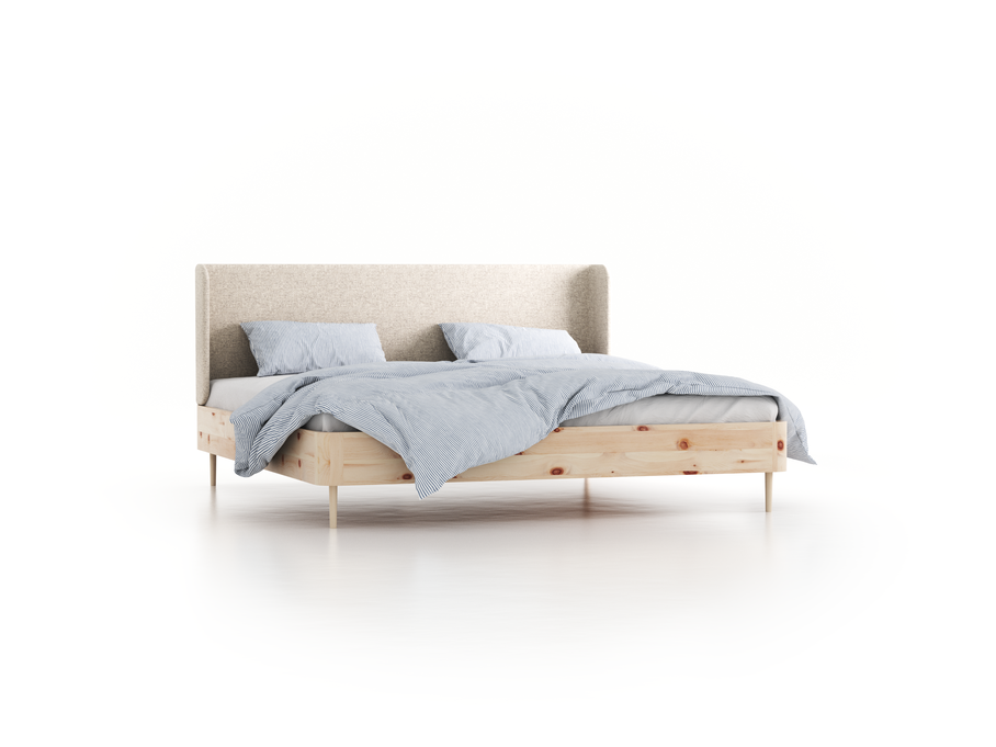 Bett Tonda mit Polsterbetthaupt, 200 x 210 cm, Wollstoff Tano Natur Hell (80), Zirbe