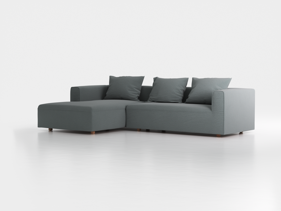 Lounge-Sofa Sereno inkl. 3 Kissen (70x55 cm), B 297 x T 180 cm, Liegeteil links, Bodennah, mit Bezug Wollstoff Elverum Grüngrau (84), Eiche