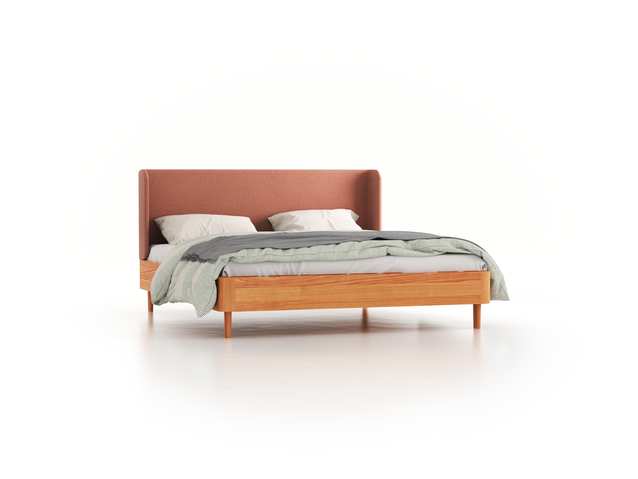 Bett Tonda mit Polsterbetthaupt, 180 x 210 cm, Wollstoff Elverum Ziegel (85), Buche