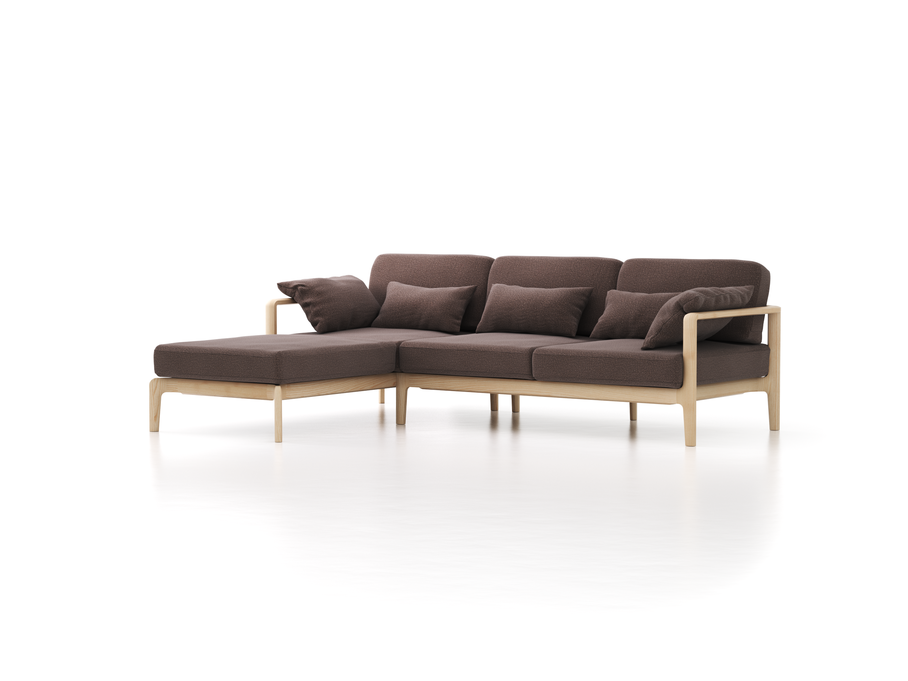 Loungesofa Linera, schmal mit Liegeteil links, Wollstoff Tano Natur Dunkel (81), Esche