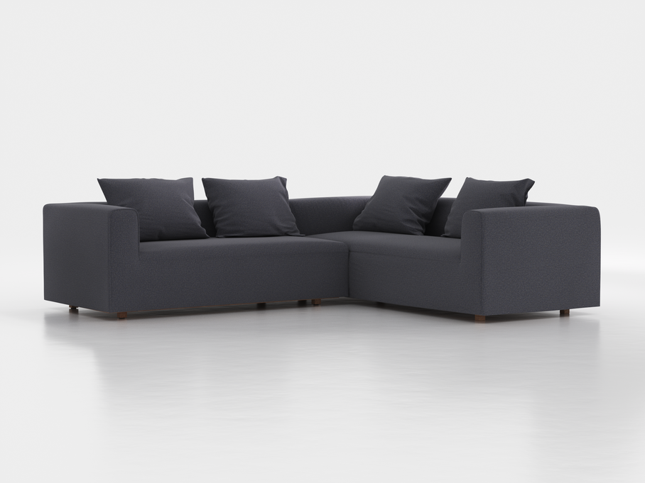 Ecksofa Sereno inkl. 4 Kissen (70x55 cm), Eckteil rechts, B 276 x T 235 cm, Bodennah, mit Bezug Wollstoff Elverum Torfblau (82), Eiche