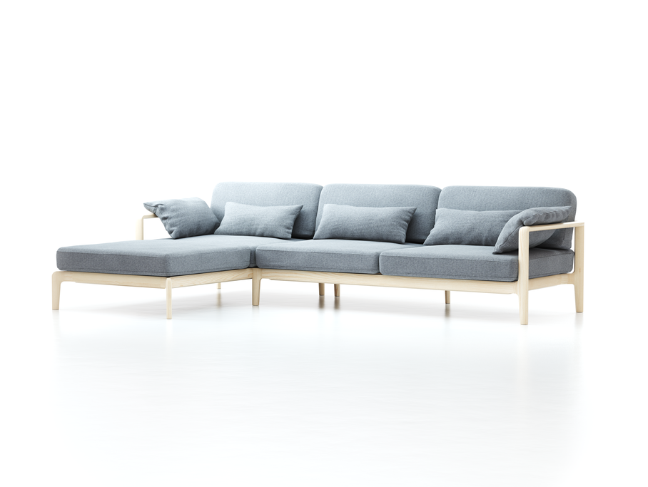 Loungesofa Linera, breit mit Liegeteil links, Wollstoff Kaland Kiesel (68), Esche