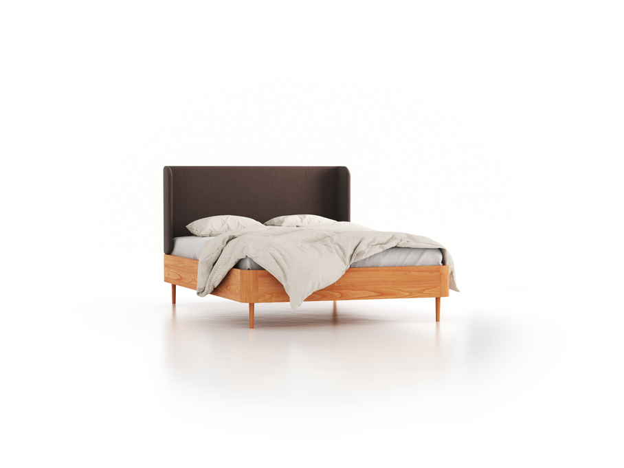Bett Tonda mit Polsterbetthaupt, 140 x 200 cm, Wollstoff Tano Natur Dunkel (81), Buche