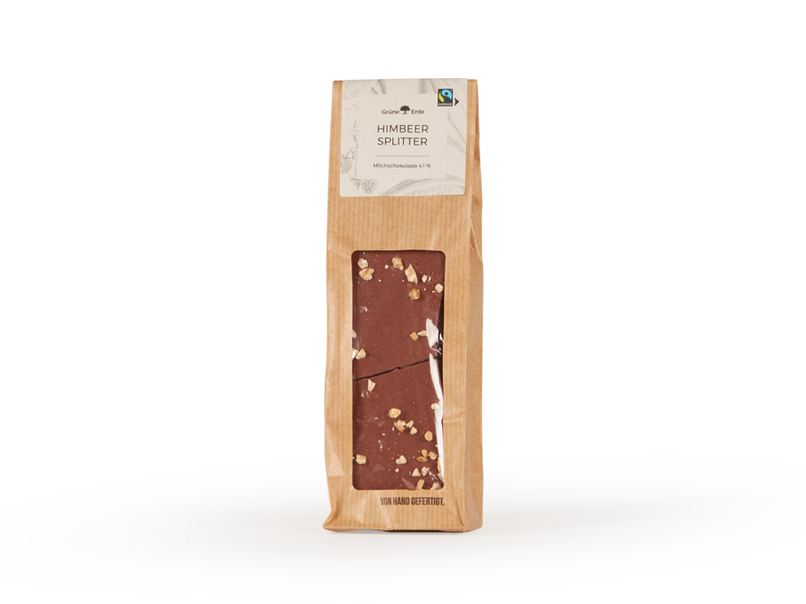 Bio Milchschokolade 38 % mit getrockneten Himbeeren und Mandel-Splitter