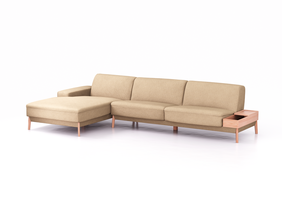 Lounge-Sofa Alani Liegeteil inkl. fixer Armlehne links, 179x340x82 cm, Sitzhöhe 44 cm, Buche, mit Bezug Wollstoff Stavang Sand