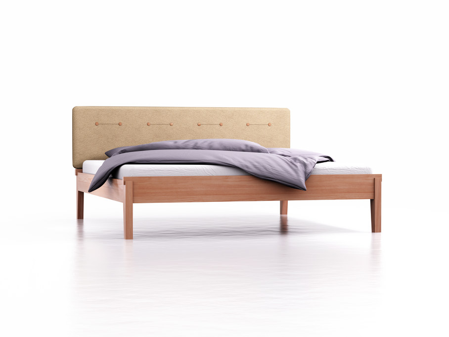 Bett Alpina mit Polsterbetthaupt, Wollstoff Stavang Sand, Breite 200 cm x Länge 210 cm, Buche