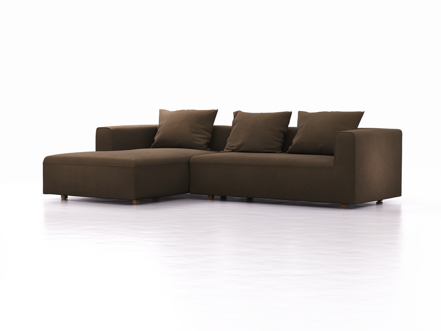 Lounge-Sofa Sereno, bodennah, B297xT180xH71 cm, Sitzhöhe 43 cm, mit Liegeteil links inkl. 3 Kissen (70x55 cm), Eiche, Wollstoff Kaland Torf