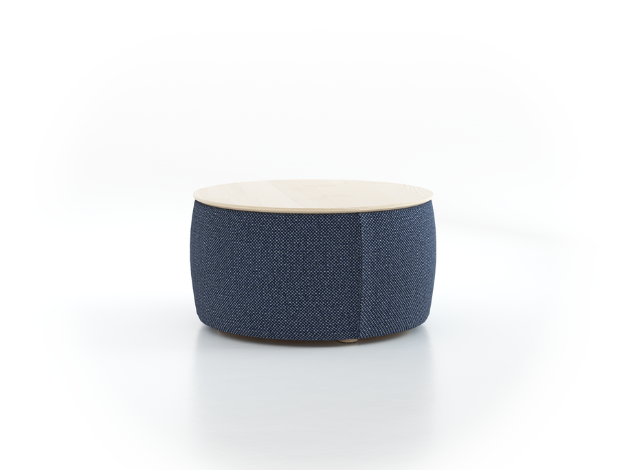 Sofatisch/Hocker Tambor mit Stauraum u. Holzdeckel, H 34,3 cm, Ø 64 cm, Bezug Wollstoff Elverum Ozean (75), Esche