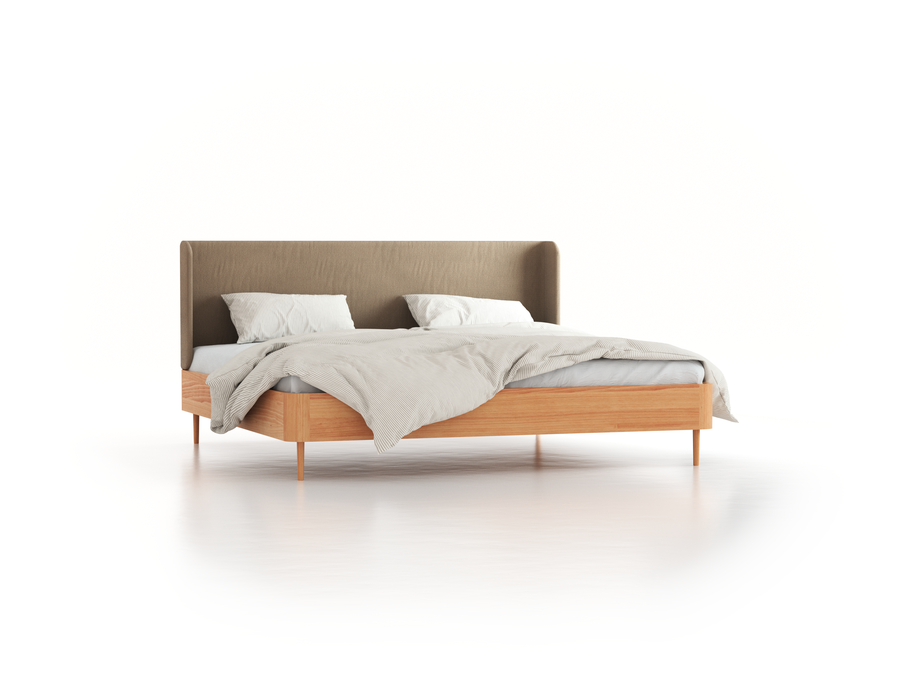 Bett Tonda mit Polsterbetthaupt, 200 x 200 cm, Wollstoff Elverum Haselnuss (74), Buche