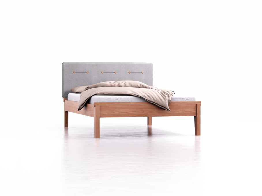 Bett Alpina mit Polsterbetthaupt, Wollstoff Stavang Kiesel, Breite 140 cm x Länge 200 cm, Buche