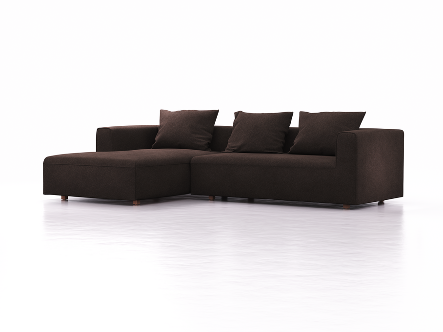 Lounge-Sofa Sereno, bodennah, B297xT180xH71 cm, Sitzhöhe 43 cm, mit Liegeteil links inkl. 3 Kissen (70x55 cm), Buche, Wollstoff Stavang Torf