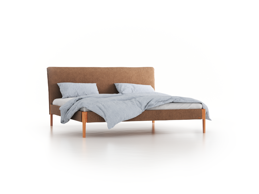 Bett Lorea mit Polsterbetthaupt, 200 x 210 cm, Wollstoff Stavang Haselnuss (65), Buche