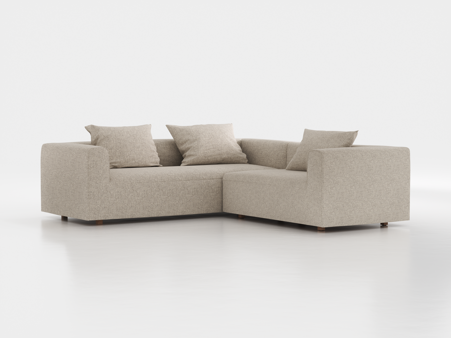 Ecksofa Sereno  inkl. 3 Kissen (70x55 cm), Eckteil links, B 246 x T 235 cm, Bodennah, mit Bezug Wollstoff Tano Natur Hell (80), Eiche