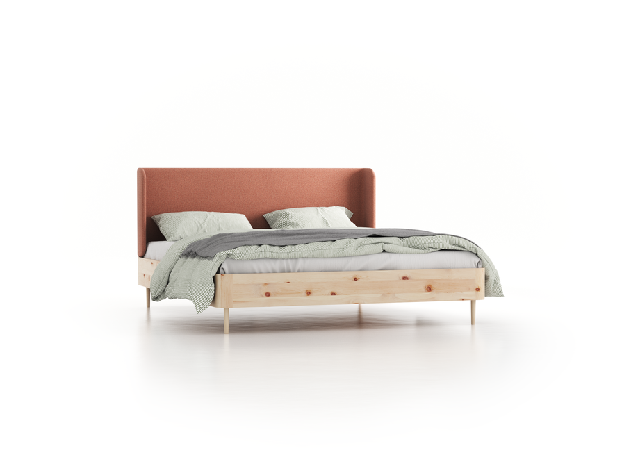 Bett Tonda mit Polsterbetthaupt, 180 x 210 cm, Wollstoff Elverum Ziegel (85), Zirbe