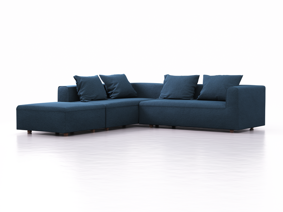 Ecksofa Sereno, bodennah, B276xT276xH71 cm, Sitzhöhe 43 cm, mit Liegeteil links inkl. 4 Kissen (70x55 cm), Buche, Wollstoff Elverum Ozean