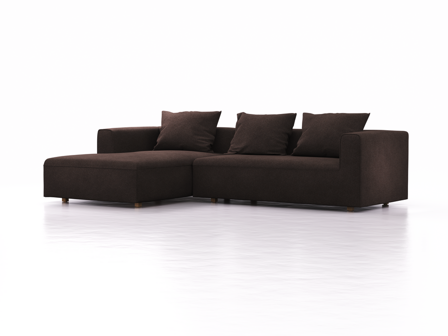 Lounge-Sofa Sereno, bodennah, B297xT180xH71 cm, Sitzhöhe 43 cm, mit Liegeteil links inkl. 3 Kissen (70x55 cm), Eiche, Wollstoff Stavang Torf
