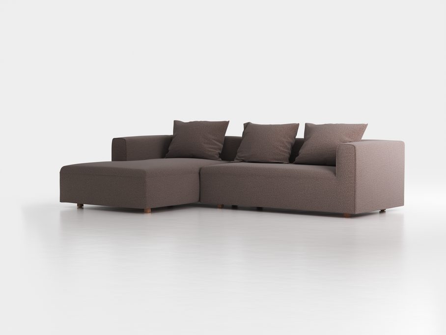 Lounge-Sofa Sereno inkl. 3 Kissen (70x55 cm), B 297 x T 180 cm, Liegeteil links, Bodennah, mit Bezug Wollstoff Tano Natur Dunkel (81), Eiche