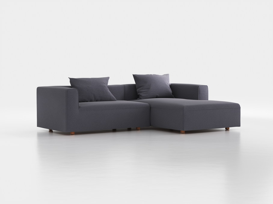Lounge-Sofa Sereno inkl. 2 Kissen (70x55 cm), B 267 x T 180 cm, Liegeteil rechts, Bodennah, mit Bezug Wollstoff Elverum Torfblau (82), Buche