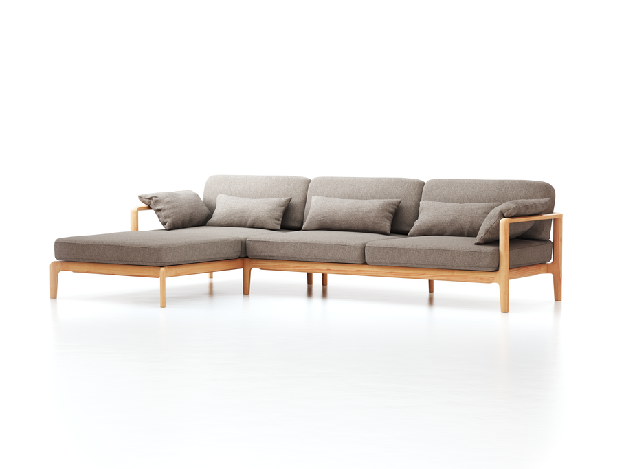Loungesofa Linera, breit mit Liegeteil links, Wollstoff Tano Natur (79), Buche
