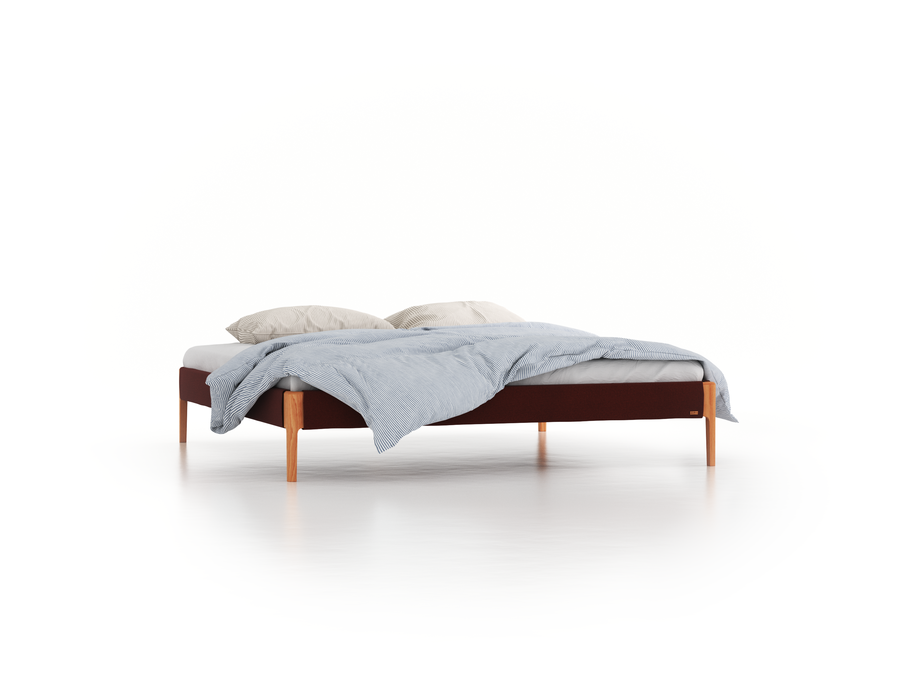 Bett Lorea ohne Betthaupt, 200 x 200 cm, Wollstoff Kaland Ziegel (72), Buche