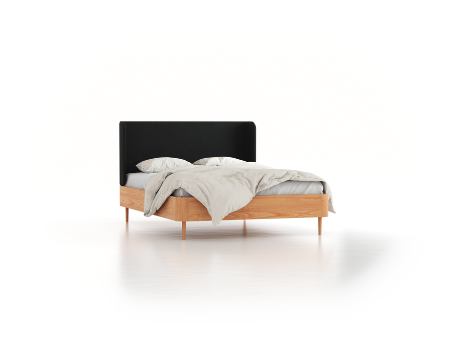 Bett Tonda mit Polsterbetthaupt, 140 x 200 cm, Wollstoff Stavang Schiefer (60), Buche