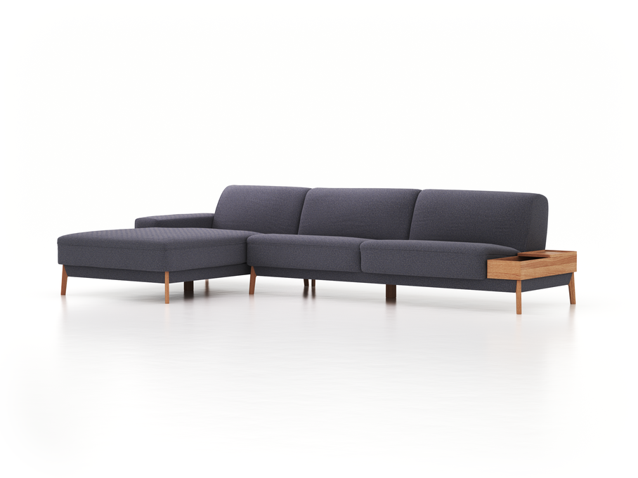 Lounge-Sofa Alani, B 340 x T 179 cm, Liegeteil links, Sitzhöhe in cm 44, mit Bezug Wollstoff Elverum Torfblau (82), Eiche