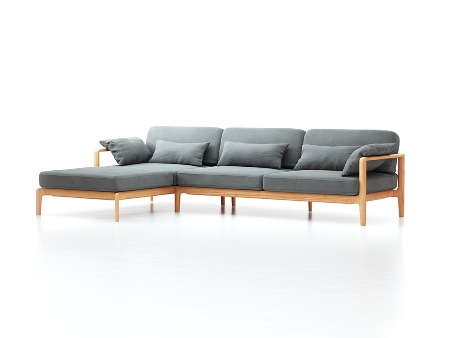 Loungesofa Linera, breit mit Liegeteil links, Wollstoff Elverum Mocca (73), Buche