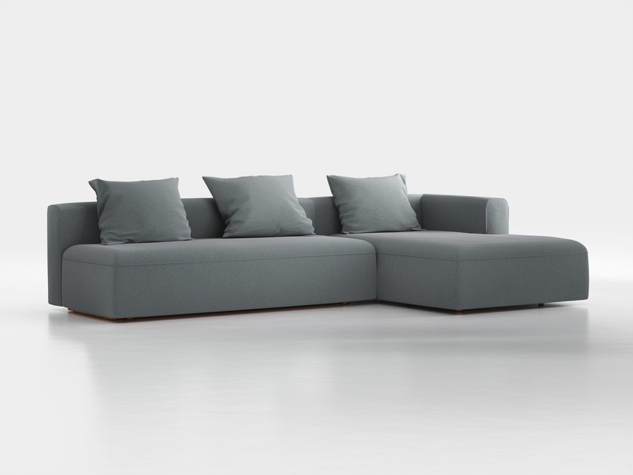 Lounge-Sofa Sereno mit Schlaffunktion inkl. 3 Kissen (70x55 cm), B 320,5 x T 180 cm, Bodennah, Liegeteil rechts, mit Bezug Wollstoff Elverum Grüngrau (84), Buche