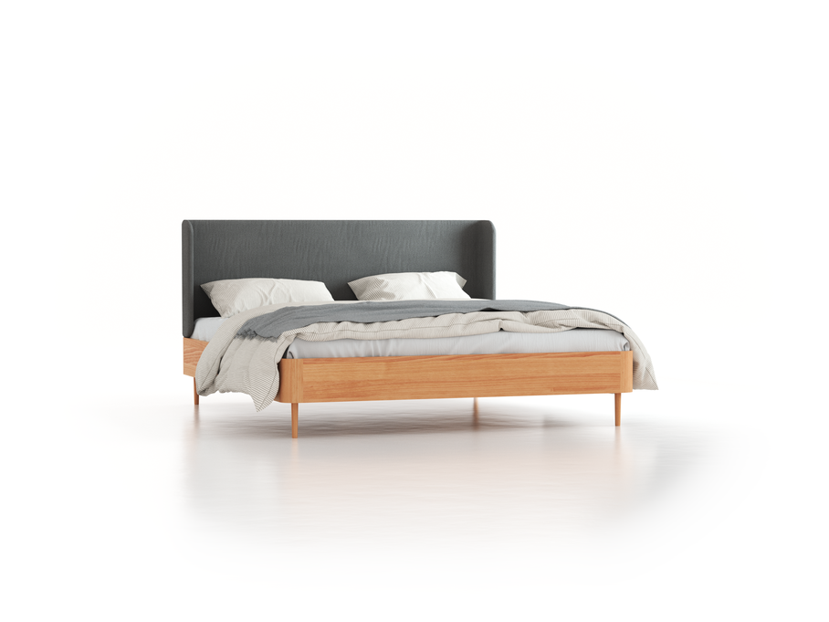Bett Tonda mit Polsterbetthaupt, 180 x 200 cm, Wollstoff Elverum Mocca (73), Buche