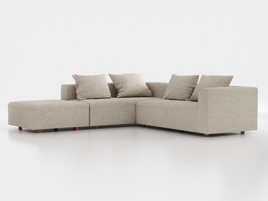 Ecksofa Sereno, 276 x 276 cm, inkl. 4 Kissen (70 x 55 cm), Liegeteil links, Bodennah, mit Bezug Wollstoff Tano Natur Hell (80), Buche