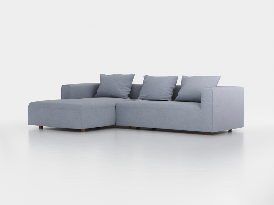 Lounge-Sofa Sereno inkl. 3 Kissen (70x55 cm), B 297 x T 180 cm, Liegeteil links, Bodennah, mit Bezug Wollstoff Elverum Blaugrau (83), Eiche